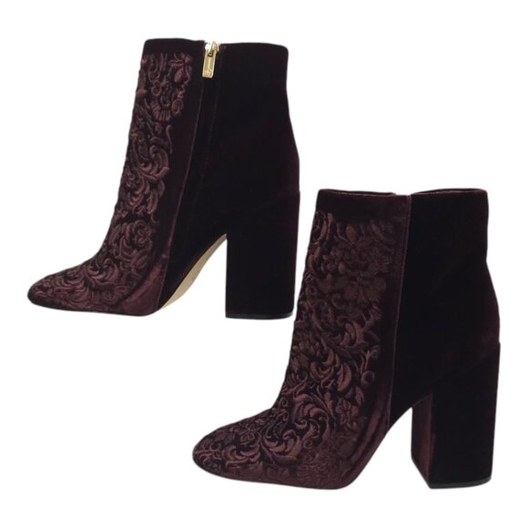 Jessica Simpson Wovella Velvet Embroidered Ankle Boots Women 9 Maroon Wine Block - Picture 1 of 16